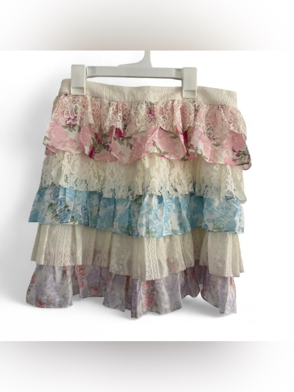 LoveShackFancy Pink, Blue & Ivory Tiered Floral Lace Mini Skirt